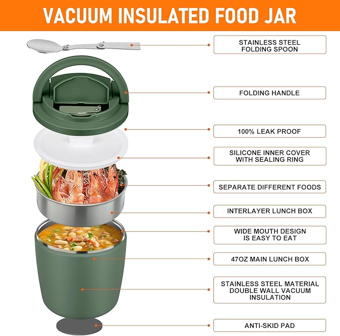 40oz Insulated Lunch Containers for Adults Soup Thermo for Hot Food Jar Wide Mouth Leak Proof Vacuum Stainless Steel Thermal Bento Box with Buckle Lid and Spoon