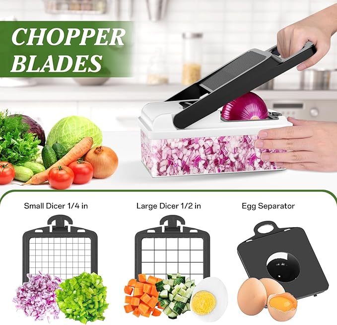 HomeHacks Vegetable Chopper Vegetable Cutter, 12 in 1 Kitchen Gadget, Dicer, Slicer, Onion Cutter, Salad, Cheese Grater & Egg Separator - Multi-Functional Veggie Chopper Lid with Handle (White)