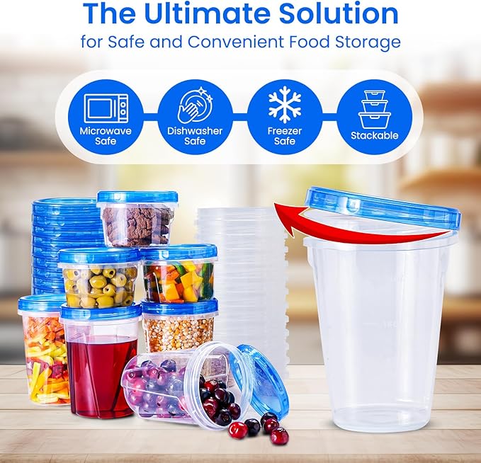 RFAQK 48 PCS Freezer Storage Containers with Twist Top Lids-(32OZ & 16OZ) 24 Plastic Deli Containers with 24 Screw Lids-Soup Freezer Containers for Meal Prep Reusable Box, Lunch and Gym