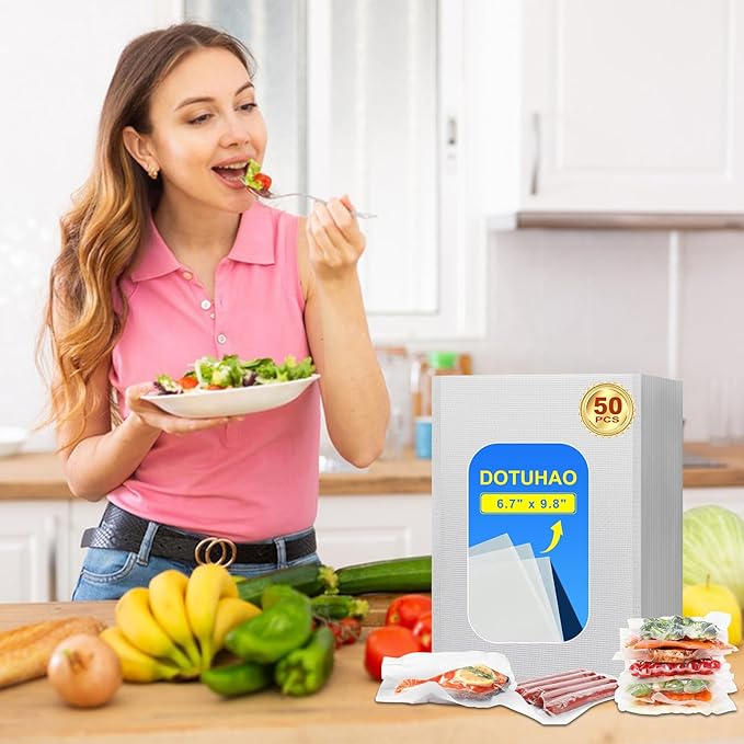 Vacuum Sealer Bags for Food, 7" x 10", 50 Pcs, Reusable, BPA-Free, Plastic, Self Seal, Tear Resistant, Extruded/Calendared Plastic with Air-removal Channels