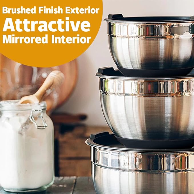 Mixing Bowls with Airtight Lids, 20 piece Stainless Steel Metal Nesting Bowls, Non-Slip Silicone Bottom, Size 7, 3.5, 2.5, 2.0,1.5, 1,0.67QT Great for Mixing, Baking, Serving (Black)