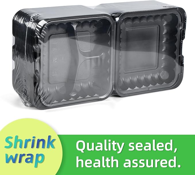 Meal Prep Containers, Reusable 65 Pack Clamshell Food Container 7.8 Inch Black MFPP 3 Compartment To Go Bento Boxes