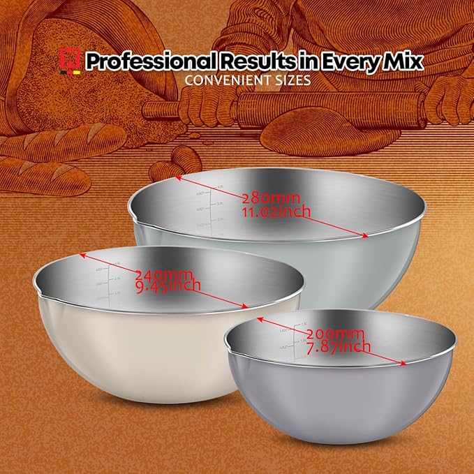 3-Piece Stainless Steel Mixing Bowl Set, Beige/Mint Green/Light Gray, Nesting Design with Pure Spout, Multipurpose Kitchen Basket /1.56Quarts/3.17Quarts/4.23Quarts (Assorted Color)