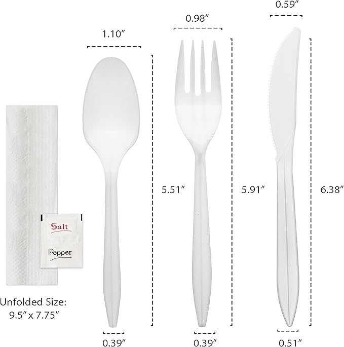 Party Essentials Individually Wrapped Plastic Cutlery Packets/Silverware Kits, White Fork/Spoon/Knife/Napkin/Salt/Pepper, 100 Sets