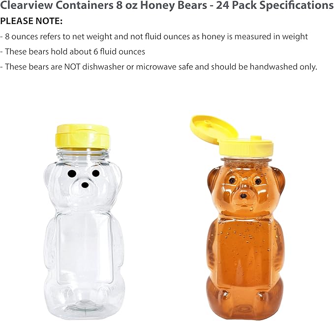24 Pack of 8 Ounce Honey Bears with Sealable Yellow Flip Top Lids (8 oz. Bear, 24pk, Yellow)