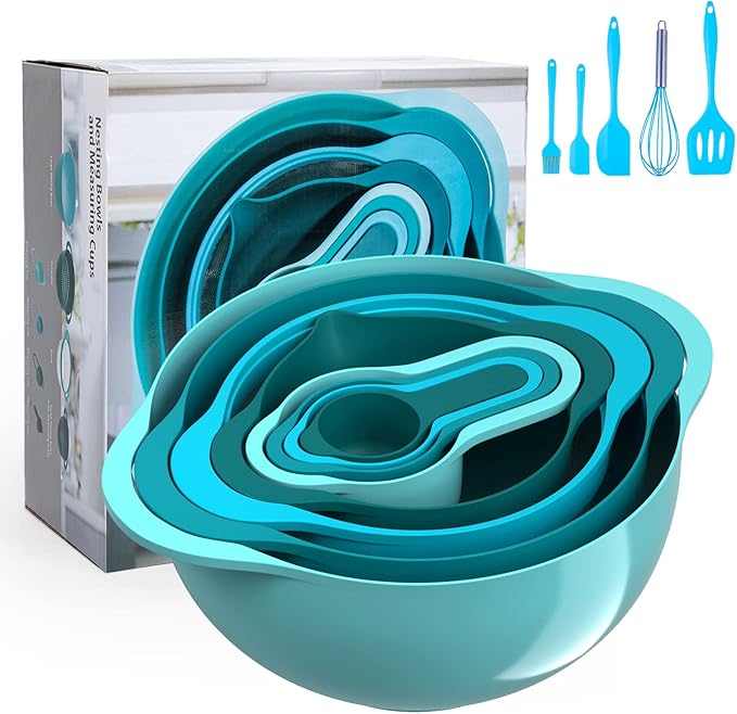 13 Pcs Mixing Bowls Set, RV Camping Accessories Set, Apartment Kitchen Gadget Easy Storage, Inculding Measuring Cups Colander Sifter Large Bowl Whisk Scraper, Great for Cooking and Baking, No BPA