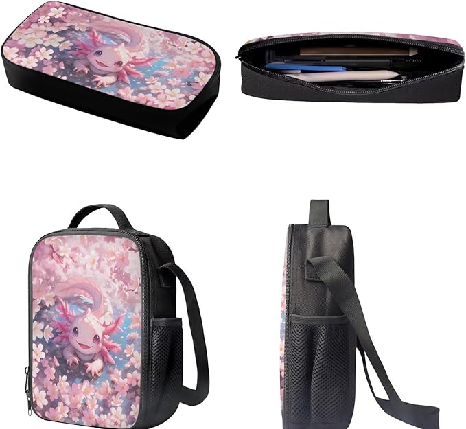 Dolyues Pink Cherry Blossom Axolotl 3-Piece Girls Backpack Set - Adorable 17-Inch School Backpack with Insulated Lunch Box and Zipper Pencil Case for Girls