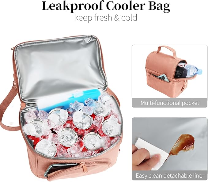 Lunch Box with 2 XL icepacks,Sturdy Waxed Canvas Insulated Lunch Bag for Women, Dual Compartment Soft Cooler Bag For Work, Picnic, Travel, Outdoors (10.5L) 10"x7"x9.5" (Mellow Rose)