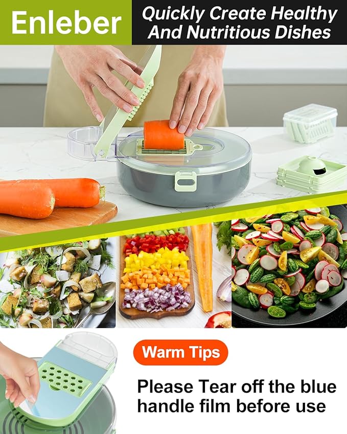 Vegetable Chopper Kitchen Vegetable Slicer & Spiralizer,Manual Mandolin Slicer,Potato Slicer Veg Cutter Salad Julienne,Food Container All in ONE Slicer (Green)