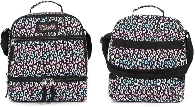 Tilami Lunch Bags Insulated Adjustable Strap Zipper, Two Compartments Cooler Bags, Bento Bags for Kids Toddlers, Colorful Leopard