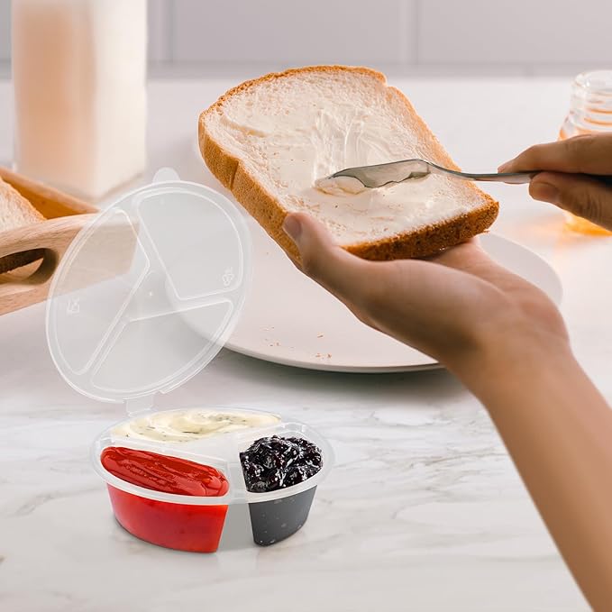 30 Pcs 3 Compartment Condiment Containers with Lids Disposable Sauce Cups 5 oz Small Plastic Snack Containers Portion Cups for Salsa Dips Dressing