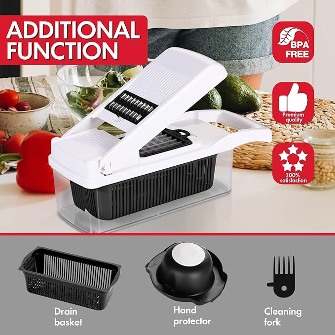 Ourokhome Vegetable Chopper Onion Cutter, 14 in 1 Professional Mandoline Slicer for Kitchen, Multifunctional Food Chopper for Potato, Tomato, Veggie with Strainer Basket, 10 Blades, Black
