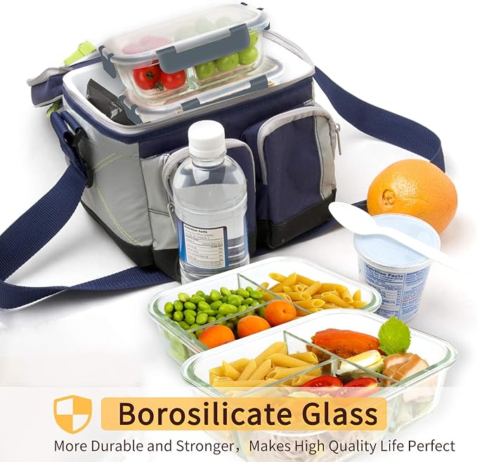 Bayco 8 Pack Glass Meal Prep Containers 3 Compartment, Glass Food Storage Containers with Lids, Airtight Lunch Bento Boxes, Leak Proof (8 lids & 8 Container) - Grey