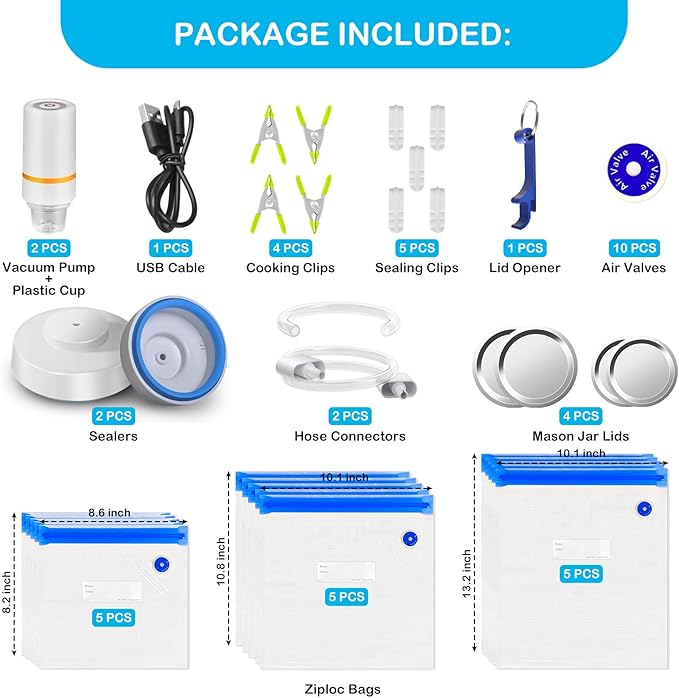 46 PCS Electric Vacuum Sealer, Sous Vide Bags, Handheld Mason Jar Vacuum Sealer & 15 PCS Reusable Vacuum Food Storage Bags for Anova, Joule Cookers, 4 Cooking Clips, 5 Sealing Clips