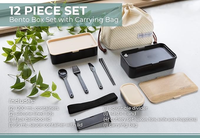 Saffron & Sage Bento Lunch Box - 42oz Black Japanese style Bento Box for Adults or Kids with Cutlery, Chopsticks, Sauce Container and Bento Bag - Leak proof, Dishwasher, Freezer, Microwave safe