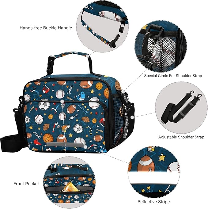Pfrewn Lunch Bag for Women Men Baseball Football Ball Pattern Insulated Lunch Box Tote Large Cooler Bag for Office Picnic 11x4.3x9inch
