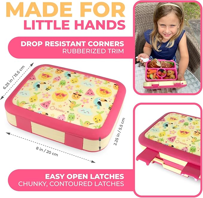 kinsho Bento Lunch Box for Kids Toddlers Girls, 4 Portion Sections Secure Lid, Microwave Safe BPA Free Removable Tray, Pre-School Kid Daycare Lunches Snack Container Ages 3 to 5, Cute Summer