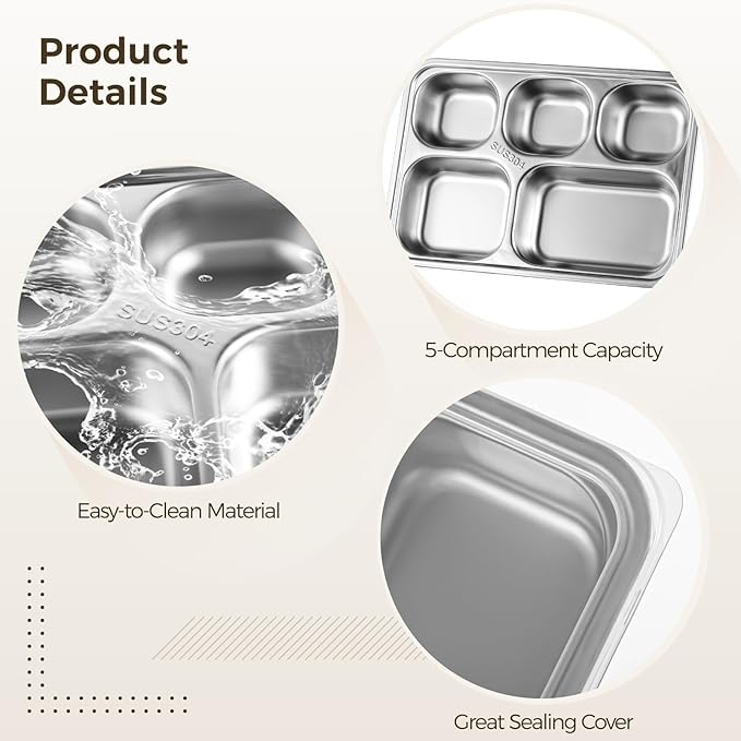 3 Pack Stainless Steel Snack Containers with Lids, 5-Compartment Reusable Meal Prep Lunch Trays with PP Lids, Divided Food Storage Container for Cafeteria Restaurant Travel, 10.2 in x 7.1 in x 1.6 in
