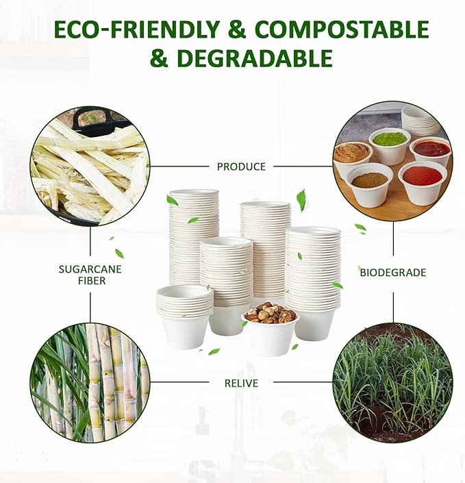Vplus 800 Pack 4 OZ Disposable Souffle Cups, 100% Compostable Portion Cups, Made From Bagasse Fibe and Bamboo, Perfect For Dips, Food Sample, Jams, Honey, Sauces, Nuts
