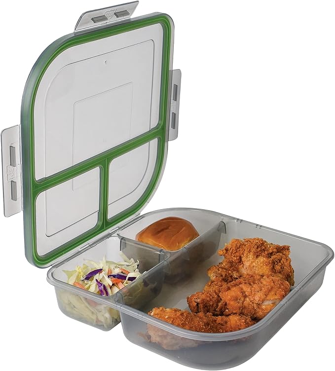 Large To-Go 3-Compartment Food Container, 9-3/8" X 9-3/8" X 2-1/2", Reusable, Microwave Safe, NSF Certified, Smoke/Green
