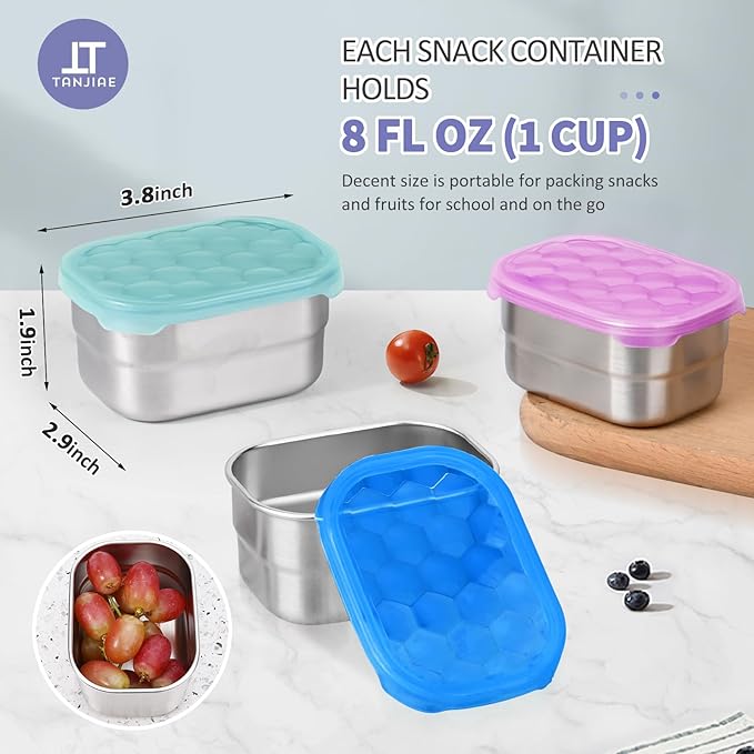 Kids Snack Pro - Stainless Steel Snack Containers for Kids | Easy Open Leak Proof Small Food Containers with Silicone Lids - Perfect Metal Toddler Lunch Box for Daycare and School (8oz*3)