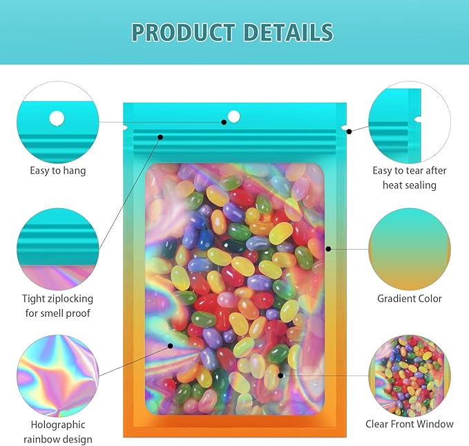 100 Pieces Resealable Mylar Bags, Smell Proof Bags with Clear Window for Food Storage Party Favor Packaging Small Business (Green&Orange, 4.7×7.1 Inch)