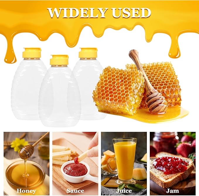 32 Pcs 8.8 oz Clear Plastic Honey Bottles, Empty Honey Bottles with Caps Plastic Skep Style Jar Refillable Honey Containers,Leakproof Honey Containers Holders for Storing Dispensing,Yellow