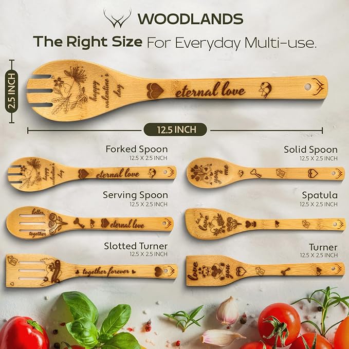 Valentine's Day Gifts for Her – Wooden Spoons for Cooking, Bamboo Kitchen Utensils Set, Unique Valentine's Day Gifts for Women, Romantic Gift Idea for Wife, Girlfriend, or Mom, Practical & Stylish