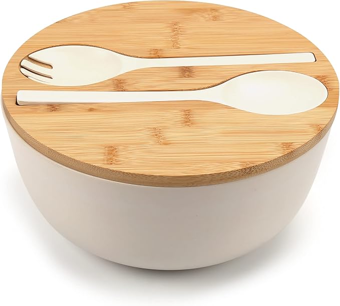 ShineMe Large Salad Bowl with Lid, Bamboo Fiber Salad Serving Bowl Set with Utensils, 9.8inches Mixing Bowl with Servers, Solid Bamboo Wooden Bowl for Salad, Fruits, Vegetables and Pasta(White)