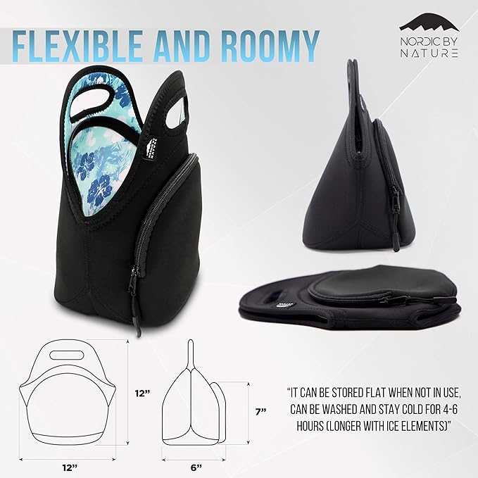 Nordic By Nature Insulated Neoprene Lunch Bag Tote Made For Women, Men and Kids | 12" Big Bottle Cooler | Lightweight | Rugged | Lunchbox | Washable | Stretchy | Designer Lunch Bags (Blue Hawaii)
