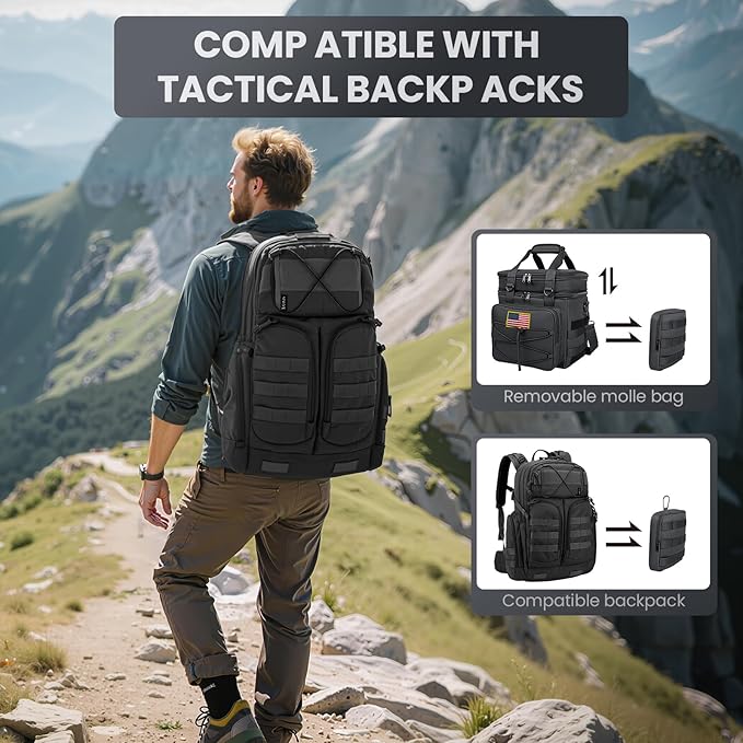 Tactical Lunch Box for Men, 20L Expandable Double Insulated Cooler Bag with Detachable Molle Pouches, Modern Tote for Adults, Waterproof and Leakproof for Work, Camping, Picnic, Hiking