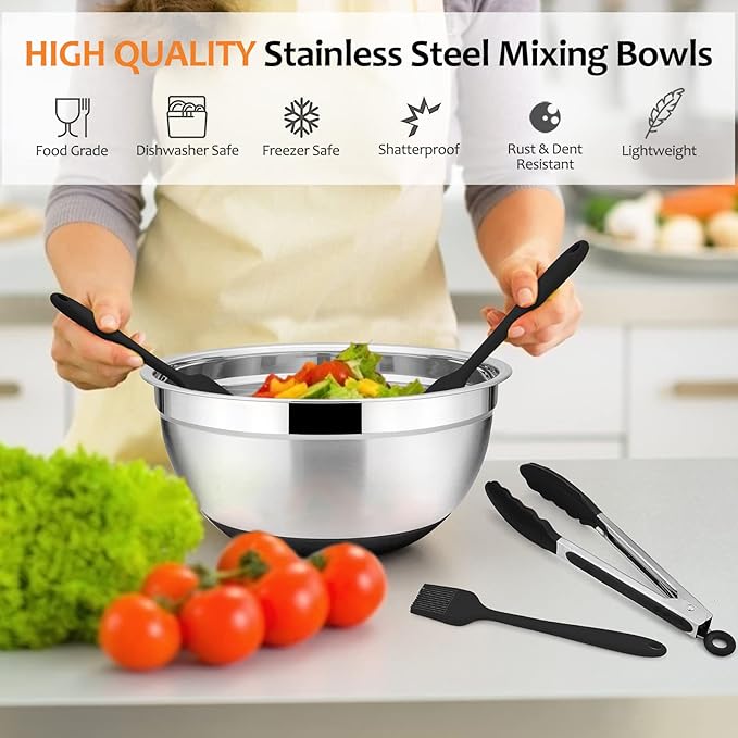 E-far 22-Piece Mixing Bowls with Black Lids & Accessories Set, Stainless Steel Nesting Bowls with Covers & Non-Slip Bottoms, Metal Bowls for Cooking/Baking/Serving/Storage - Size 7/3.5/2.5/1.5/1 QT