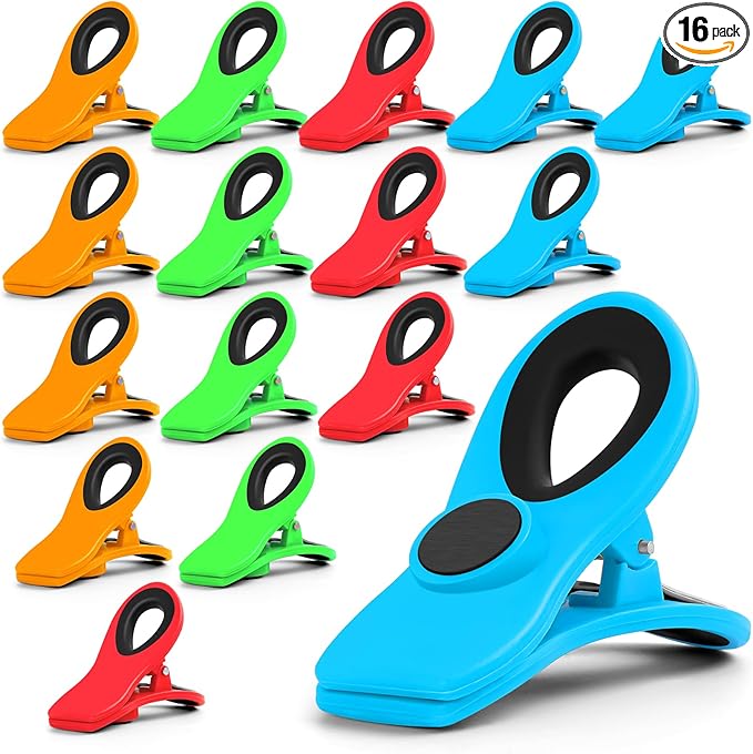 16 Pack Chip Clips Bag Clips, Multicolor Clips for Food Packages, Multipurpose Magnetic Clips, Chip Clips Bag Clips Food Clips, Refrigerator Magnet Clips Chip Clip, Bag Clips for Food Storage