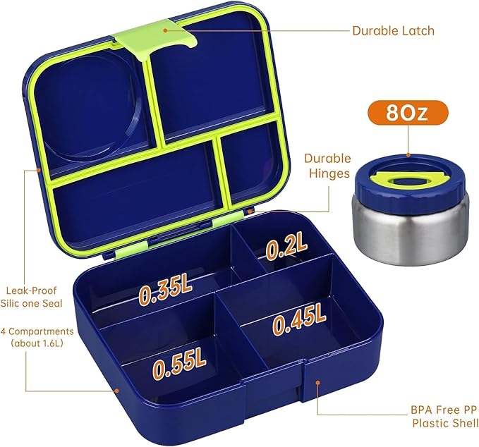 Bento Lunch Box for kids With 8oz Soup Thermo,Leak-proof Lunch Containers with 4 Compartment,Thermo Food Jar, BPA Free,Travel, School