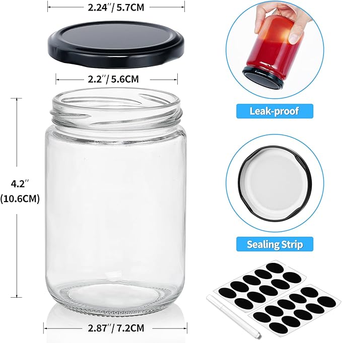 Glass Candle Jars with Lid, 12 oz Wide Mouth Small Glass Jar, Canning Jars with Extra Black Stickers, Set of 20, Dishwasher Safe