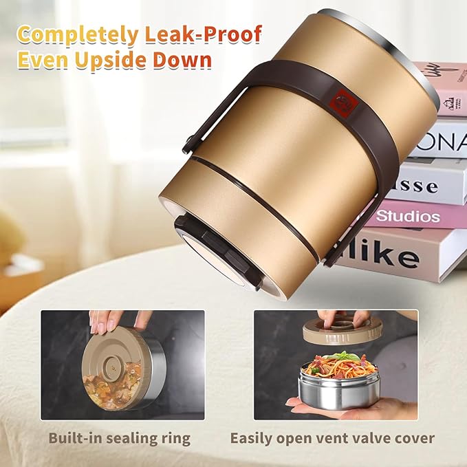 67 Oz Adults Stainless Steel Vacuum Soup Thermos For Hot Food with Inserts Stackable Bento Box and Lunch Bag,Width Mouth Portable Nsulated Food Jar Lunch Container (golden, 67 oz)