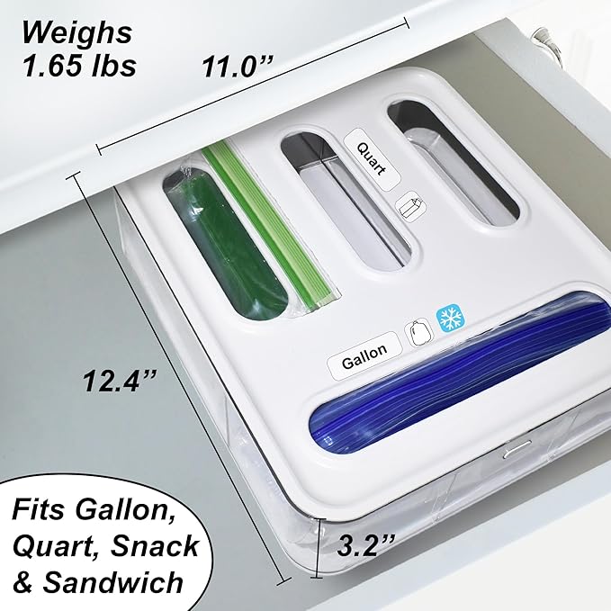 Bag Storage Organizer for Kitchen Drawer, Plastic Bag Container Holder, Baggie Dispenser for Gallon, Quart, Sandwich, Snack, Kitchen Organizers and Storage