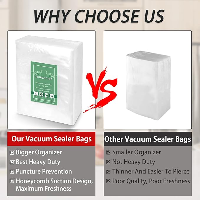 11" x 16" Vacuum Sealer Bags Heavy Duty Pre-Cut Design Commercial Grade Food Sealable Bag for Heat Seal Food Storage,Smell Proof Bags Boilsafe to 280°F Freezable, Resizable (100Pcs)