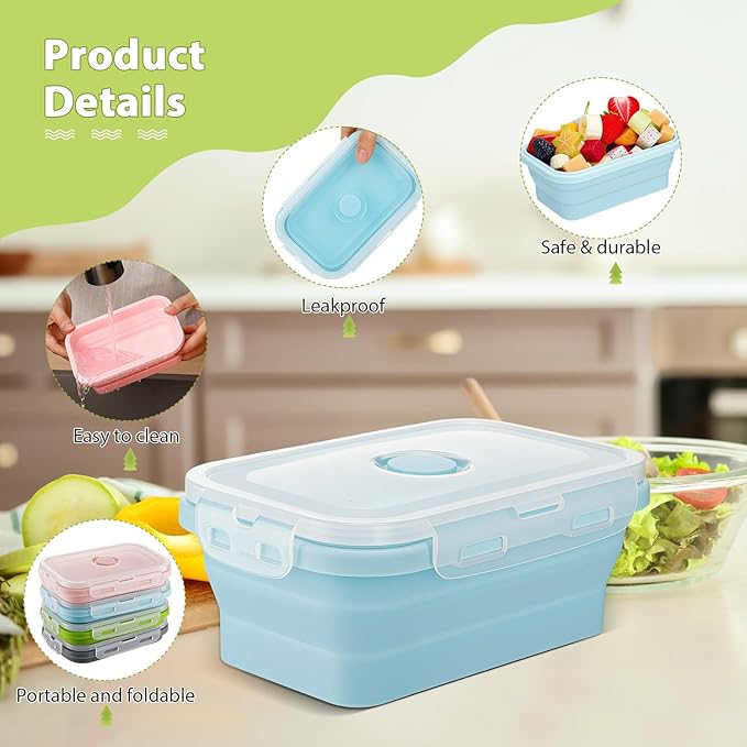 Mifoci Set of 8 Silicone Collapsible Food Storage Containers 17 oz Collapsible Meal Container Square Bowl with Vent Lids, Microwave, Freezer and Dishwasher Safe (Blue, Gray, Pink, Green)