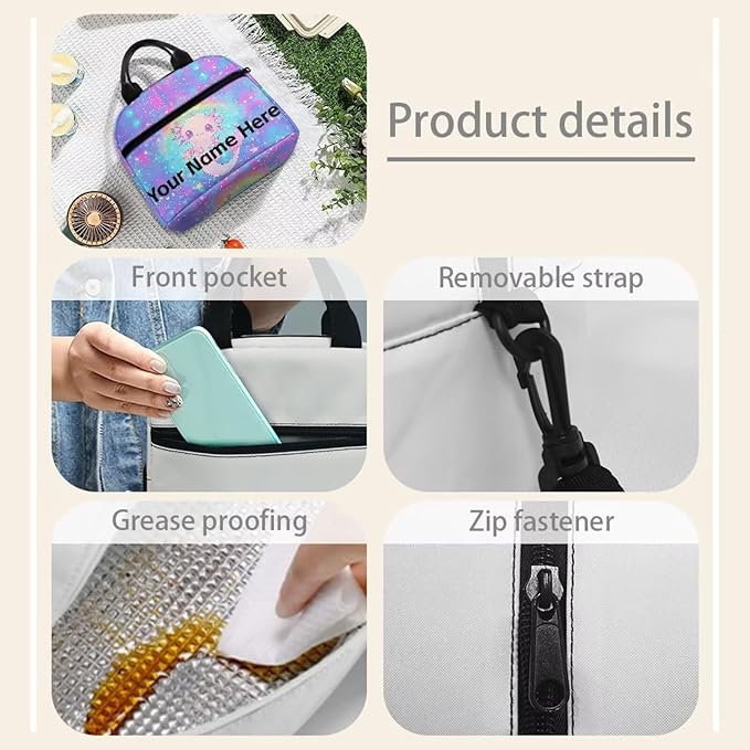 Showudesigns Custom Lunch Bags for Women Cute Axolotl Lunch Box Girls Personalized Insulated Lunch Bags Rianbow Thermal Meal Tote Kit with Zipper Add Your Name Back To School Crossbody