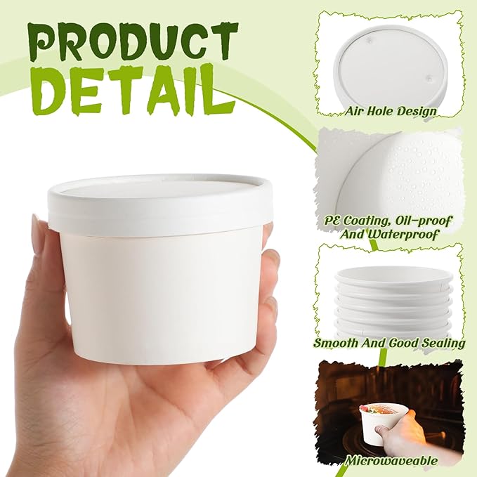 Fulmoon 100 Pack Paper Soup Containers with Lids Disposable Paper Food Containers with Vented Lids Kraft Ice Cream Bowls Soup Cup Ice Cream Cups for Restaurants(8 oz,White)
