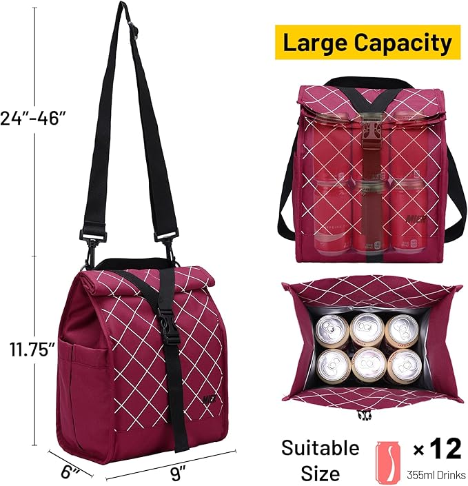 MIER Insulated Lunch Bag Roll Top Lunchbox for Women Men Adults Foldable Rolltop Lunch Tote with Shoulder Strap for Work Office Picnic, Water Bottle Holder, Red
