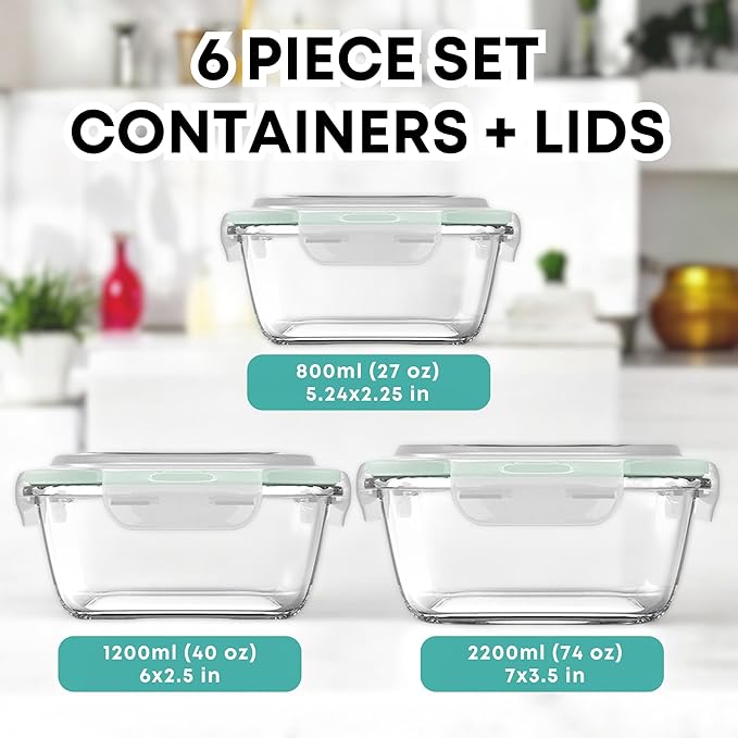 Razab 6 PC Square Glass Food Storage Containers with Airtight lids (74, 40 & 27 oz) Kitchen Glass Meal Prep Containers Set for Freezer Reusable Leftover Lunch Boxes, Oven, Microwave, Dishwasher Safe