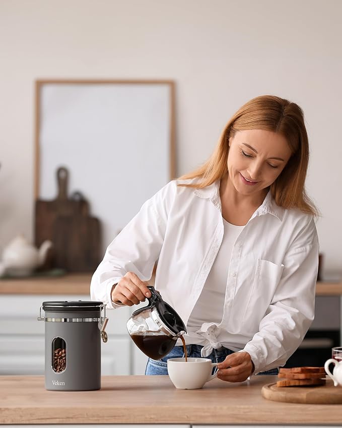 Veken Coffee Canister with Window,Gifts for Dad,Airtight Stainless Steel Kitchen Food Storage Container, Date Tracker & Scoop for Grounds Coffee, Beans, Tea, Flour, Cereal,Sugar,22OZ,Grey