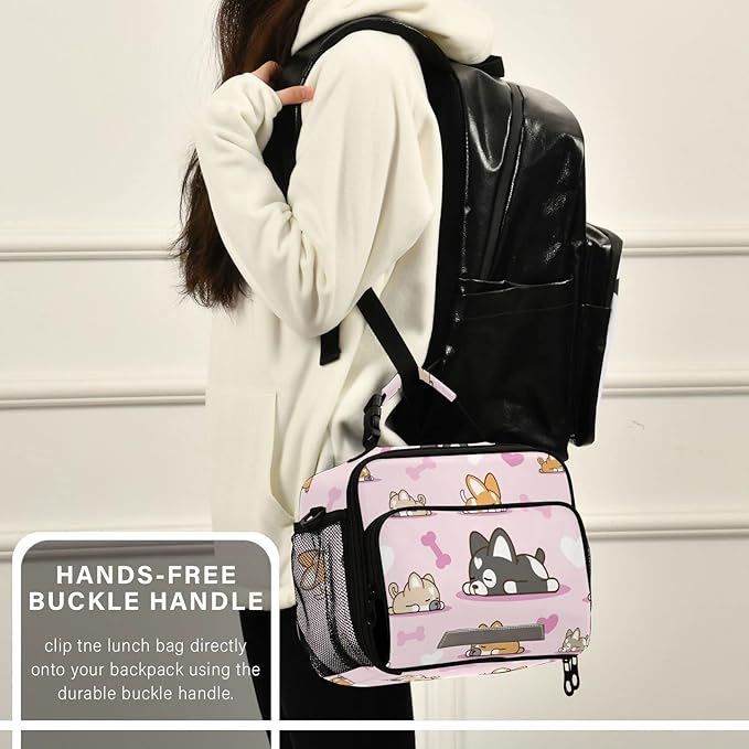 Pfrewn Lunch Box for Kids School Students Cartoon Dog Pastel Pink Insulated Lunch Bag with Shoulder Strap for Office Adults Reusable Cooler Bags Lunch Tote for Girls Boys Teens