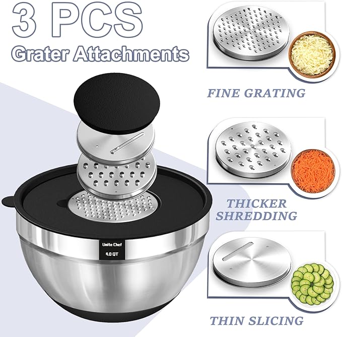 Umite Chef Mixing Bowls with Airtight Lids, 8PCS Stainless Steel Nesting Mixing Bowls Set, 3 Grater Attachments & Non-Slip Bottoms, Black Kitchen Bowls, Size 5, 4, 3.5, 2, 1.5QT for Baking & Serving