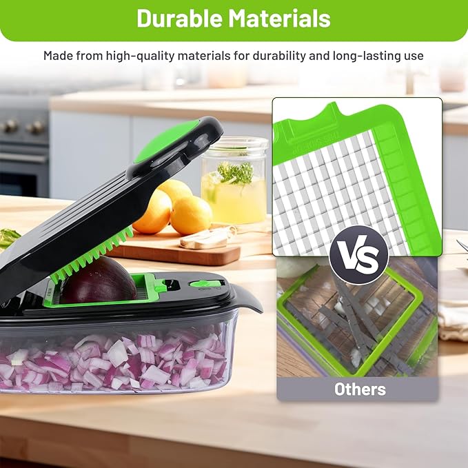 Vegetable Chopper with Large Container, 16-in-1 Multifunctional Food Chopper with 7 Blades, Mandoline Slicer Dicer Cutter for Kitchen, Grater Veggie (Green/Black)