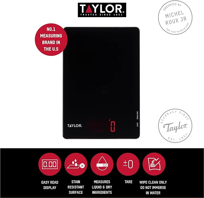 Taylor Pro Digital Ultra Thin Kitchen Food Scales, Compact Slimline Professional Standard with Tare Feature and Precision Accuracy, Black Glass, Weighs 5 kg Capacity