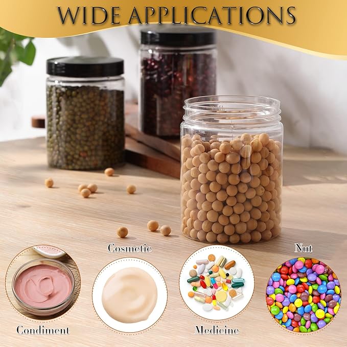 Aoriher 48 Pcs 8oz Plastic Mason Jars with Lids Round Clear Plastic Jars Containers Refillable Small Empty Storage Containers Food Canisters for Kitchen Storage(Black)