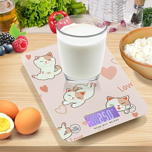 Food Scale Kitchen Digital Scale Food Ounces and Grams Dieting Baking Cooking Waterproof Glass Panels LCD Display,4 Units Scale Tare Function Kawaii Cat